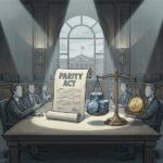 Ilustración editorial de la Ley PARIDAD: legisladores debaten en el Capitolio de EE.UU. con stablecoins y Bitcoin en una balanza