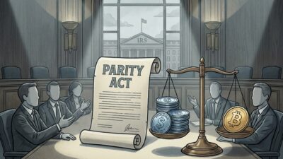 Ilustración editorial de la Ley PARIDAD: legisladores debaten en el Capitolio de EE.UU. con stablecoins y Bitcoin en una balanza