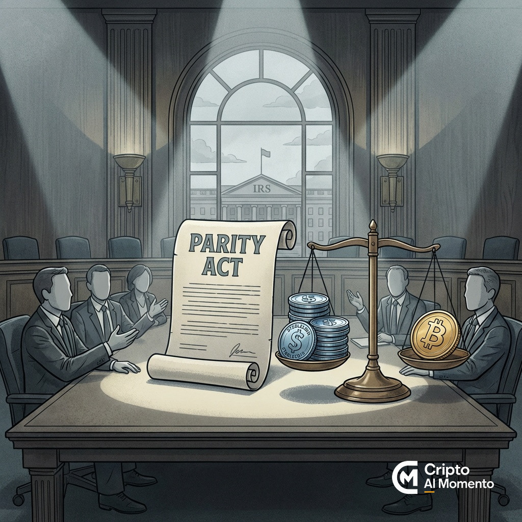 Ilustración editorial de la Ley PARIDAD: legisladores debaten en el Capitolio de EE.UU. con stablecoins y Bitcoin en una balanza